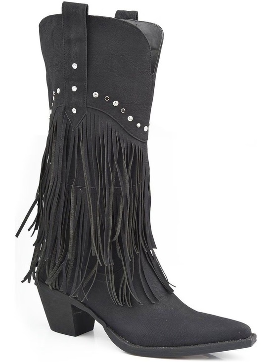 Roper Shoes - Roper Black Leather Fringe Boots with Silver Studs